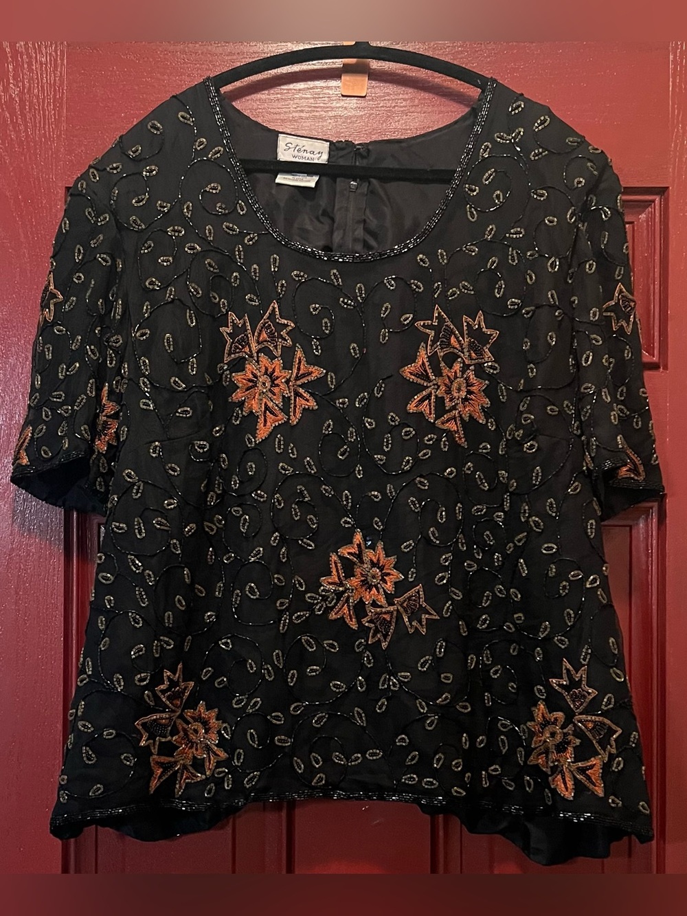 Vintage Stenay Black Short Sleeve Beaded Floral Blouse with Copper Embroidery
